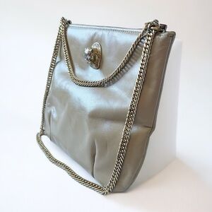 VTG 60s Ruth E Saltz Taupe Leather Shoulder Bag Chain Handles Jaguar Head 8x9